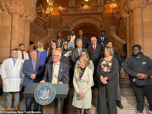 New York State Senator Brian Kavanagh (on stage) and Assemblywoman Dr. Anna Kelles (to his left) introduced two bills to ban seven food additives