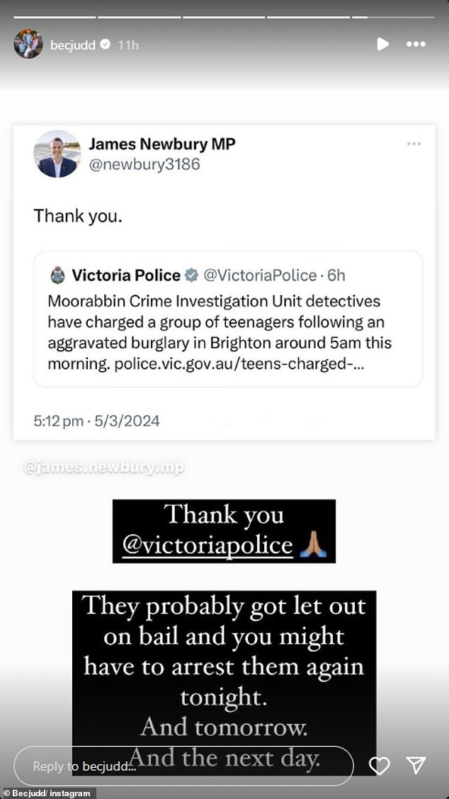 Rebecca wrote another announcement from Victoria Police about the arrest of a group of teenagers: “Thank you @VictoriaPolice.  They've probably been released on bail and you may have to arrest them again tonight.  And tomorrow.  And the next day'