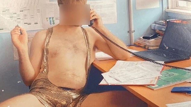 Another photo shows a man in a gold mankini sitting at a desk with his legs spread