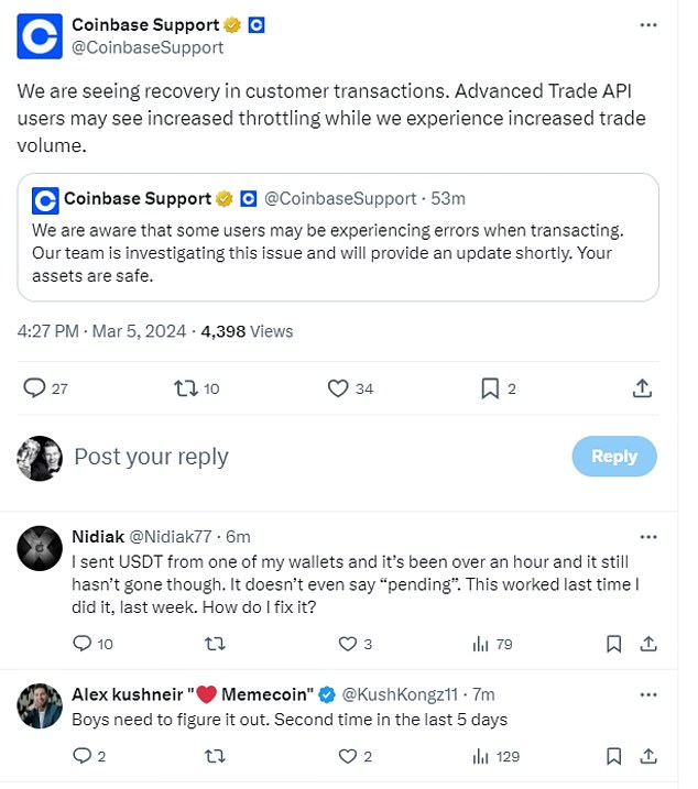 Coinbase said at 4:27 PM ET that the issue was 