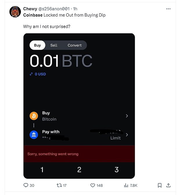 Coinbase users complained about the outage on X