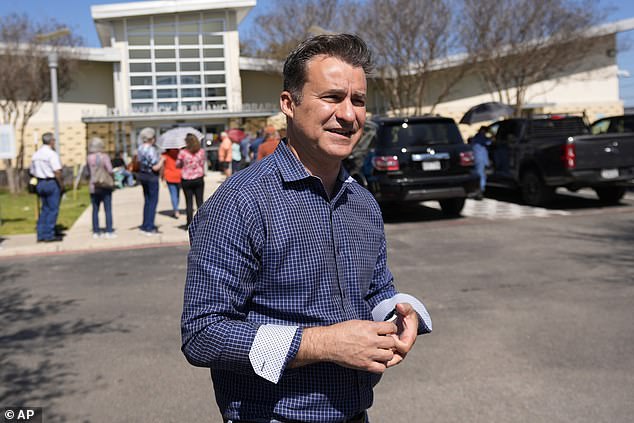 Sen. Roland Gutierrez of Texas came in second to Allred with just under 17 percent of the vote.  Pictured: Gutierrez campaigning near a polling place in San Antonio, Texas on Tuesday, March 5