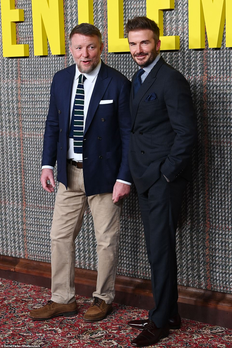 Guy was joined at the premiere by his good friend David Beckham, who looked as dapper as ever in a black suit with a navy blue tie and a light blue shirt.