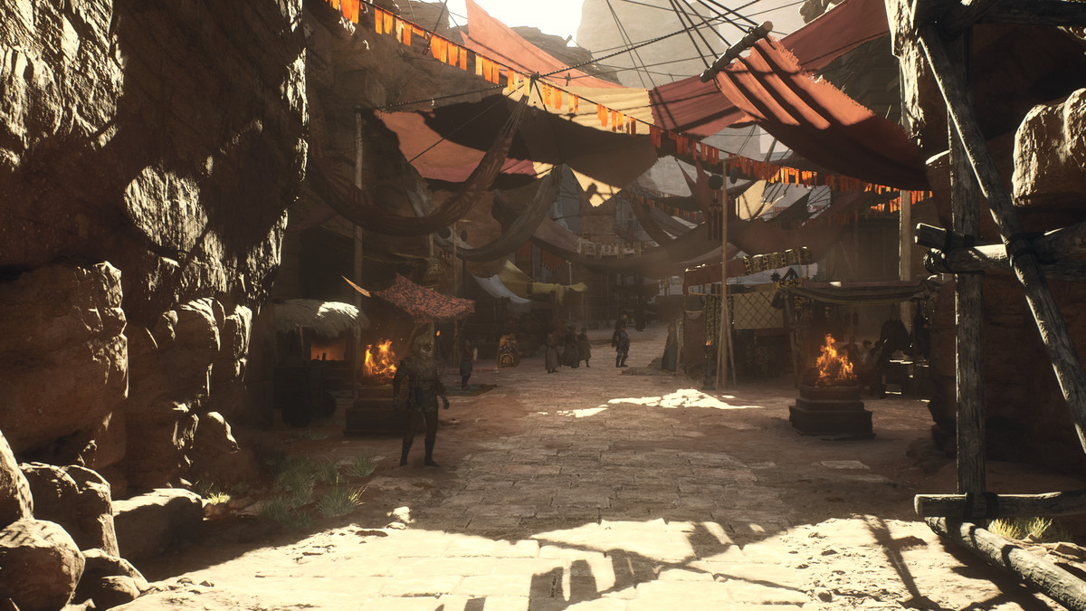 Vendors line a street in Battahl in Dragon's Dogma 2.