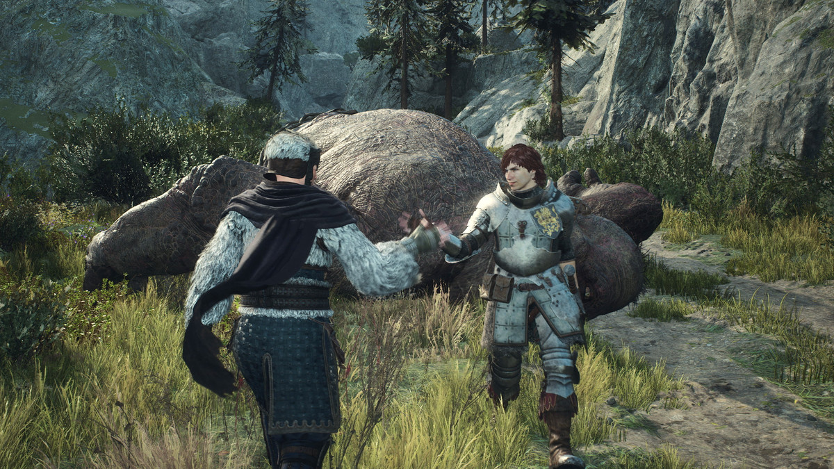 The Arisen high-five a pawn after killing a giant monster in a square in Dragon's Dogma 2.