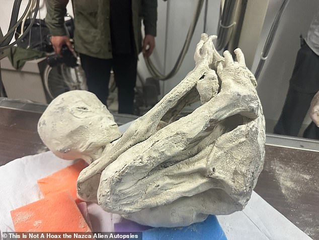 One of the two 'mummified humanoid' specimens – a four-foot tall skeletal creature apparently curled up in a defensive crouch (above) – has been tested, while another 10-foot tall creature has also been discovered by the filmmakers following their travels to Peru