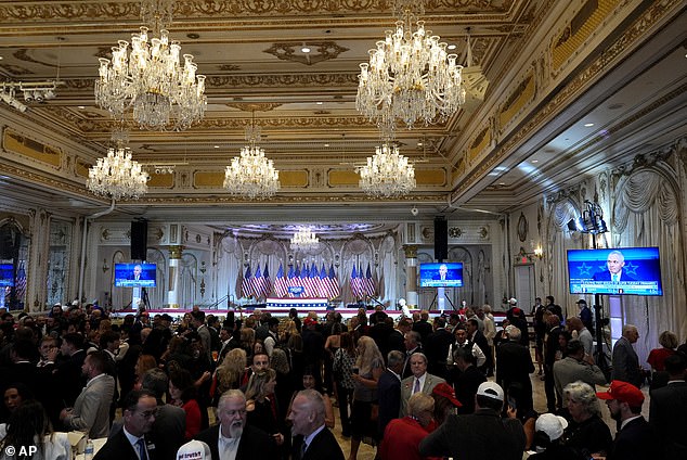 The event took place amid the gilded opulence of Mar-a-Lago's Grand Ballroom, where sixteen chandeliers hang from the ceiling and the walls glitter with mirrors