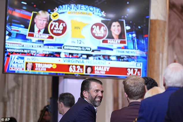 Donald Trump Jr. was in the audience to hear his father speak on Super Tuesday