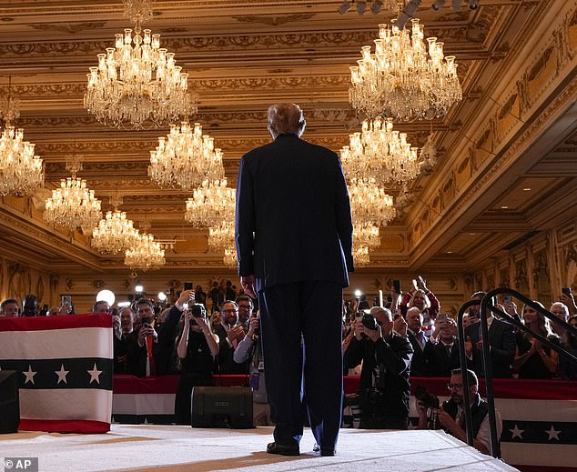 Trump delivered his speech in the gilded splendor of Mar-a-Lago's Grand Ballroom