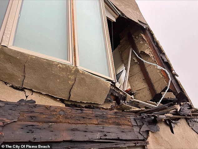 California has been battered by severe storms in recent months that brought heavy rains and strong winds and destroyed coastal homes.  Pictured: Chapman Estate, another mansion in Shell Beach that was hit by the weather