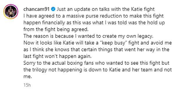 Cameron claimed on Instagram that she agreed to take a pay cut for the fight