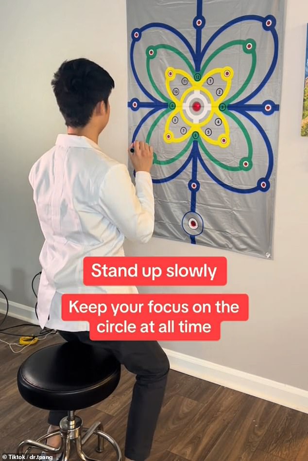 Pang later demonstrated a brain exercise to relieve air hunger.  He started by sitting down and concentrating on a circle on the wall.  He slowly turned his head from side to side before standing up