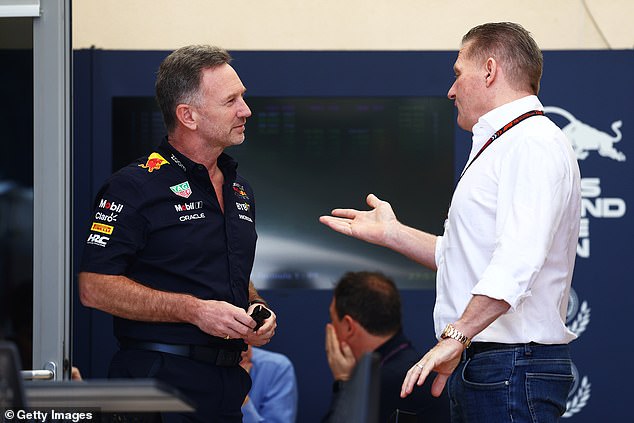 Max's father Jos (right) said Red Bull would 'explode' if Christian Horner (right) retained his role at the team, while also holding talks with Mercedes boss Toto Wolff in Bahrain