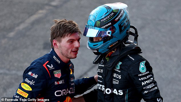 Russell (right), who put in strong work against Lewis Hamilton, believes he can 'beat anyone on the grid', including three-time world champion Verstappen (left)