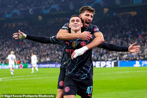 Editorial use only Mandatory credits: Photo by Nigel Keene/ProSports/Shutterstock (14346418ay) Goal 1-3 Manchester City's Phil Foden (47) scores a goal and celebrates during the Champions League match between FC Copenhagen and Manchester City in the Parken Stadium, Copenhagen FC Copenhagen v Manchester City, Champions League - February 13, 2024