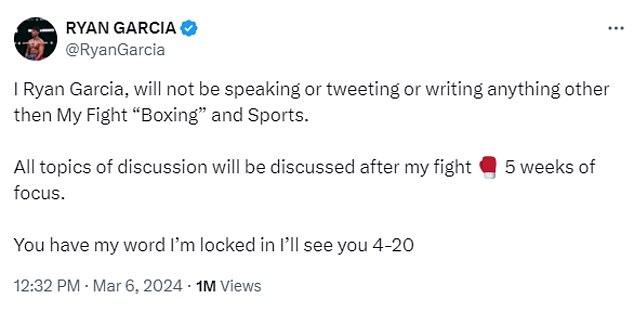 But Garcia claims the fight is still on and he will no longer discuss non-boxing related topics.