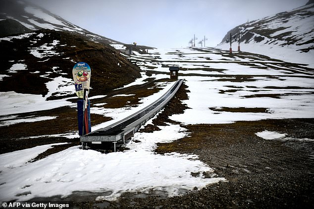 Pictured: A snowless ski slope at the Artouste ski area in Laruns, in the Pyrénées Atlantiques, south-west France, February 19, 2024