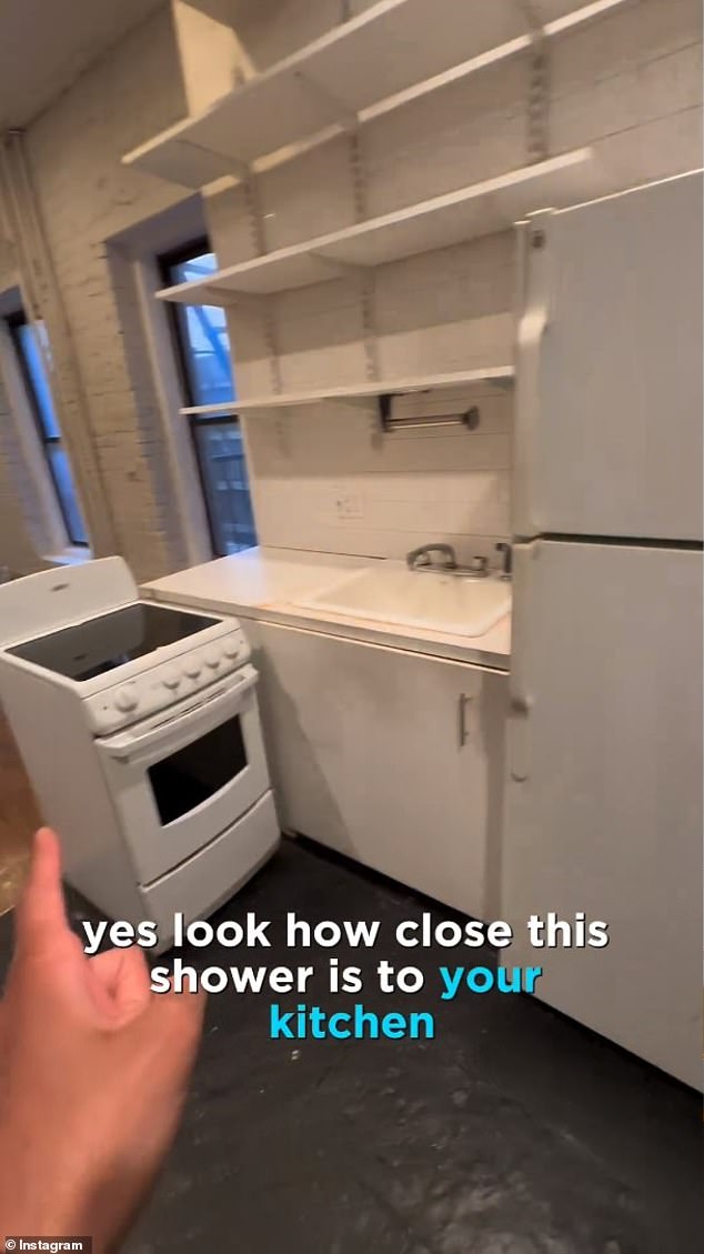 The kitchen is less than a meter away and features a stove randomly placed at the end of a countertop