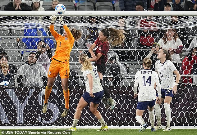 American goalkeeper Alyssa Naeher (1) makes a save during extra time against Canada