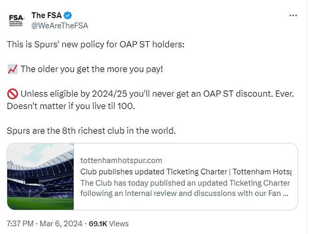 The Football Supporters' Association has criticized Tottenham's decision on social media