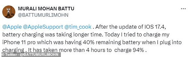 Other commenters reported struggling to charge their phones properly after installing iOS 17.4