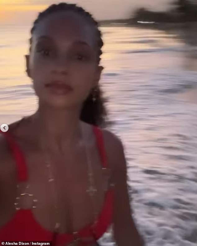 Alesha also shared a stunning clip of her stroll along the beach in a red and gold bikini.  The fashionable garment emphasized the star's sun-tanned and toned body