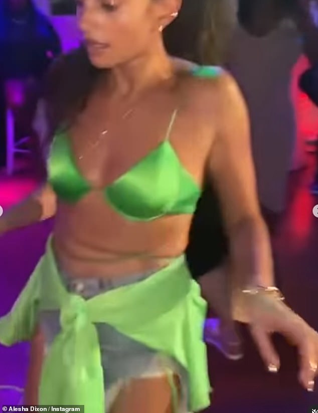 Alesha also showed off her trendy dance moves when she posted a video of herself shuffling around a dance floor in a skimpy green bikini top and jeans.