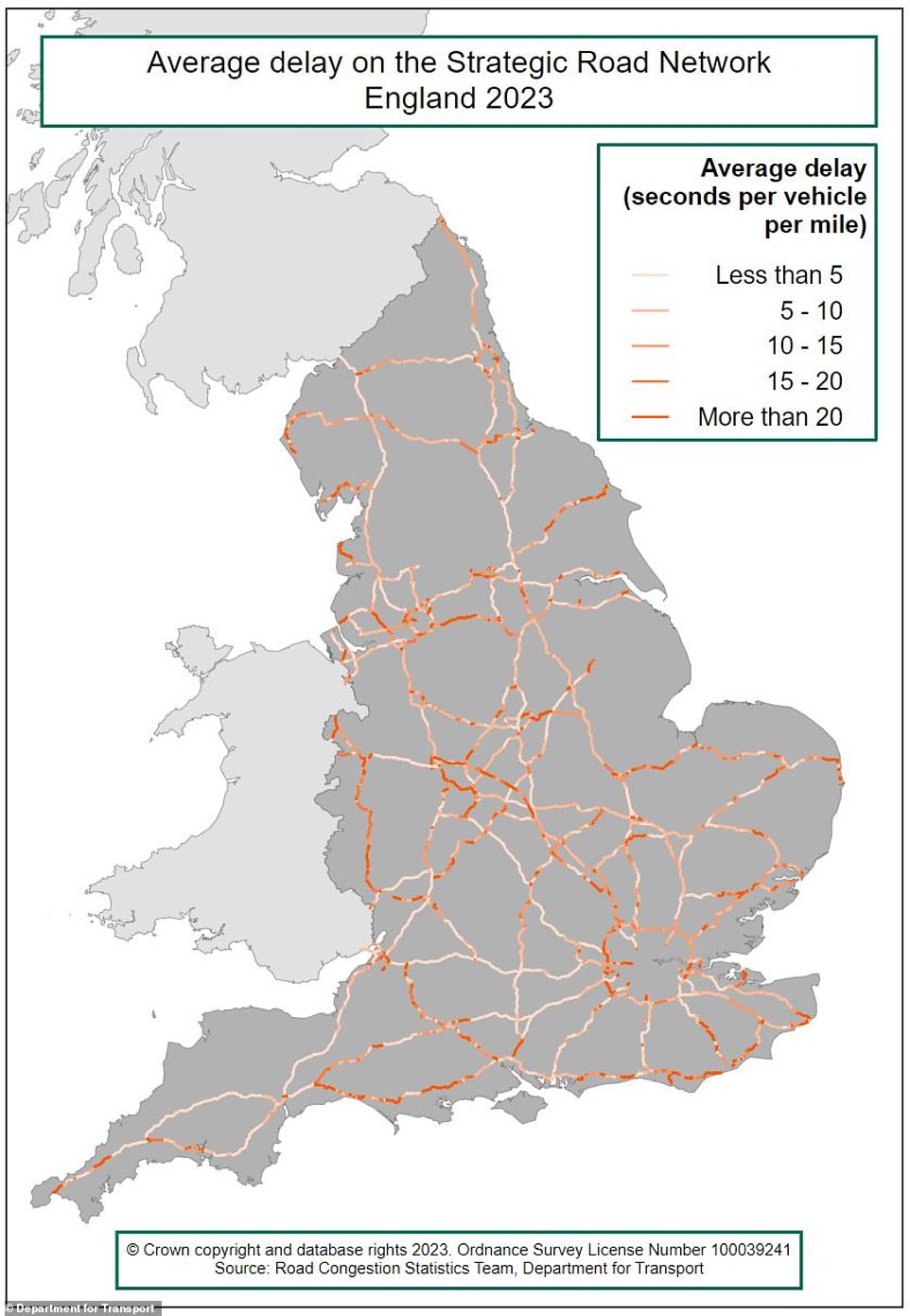 This map of England shows which motorways and major A-roads – which are managed by National Highways – have the longest and shortest delays, based on 2023 figures