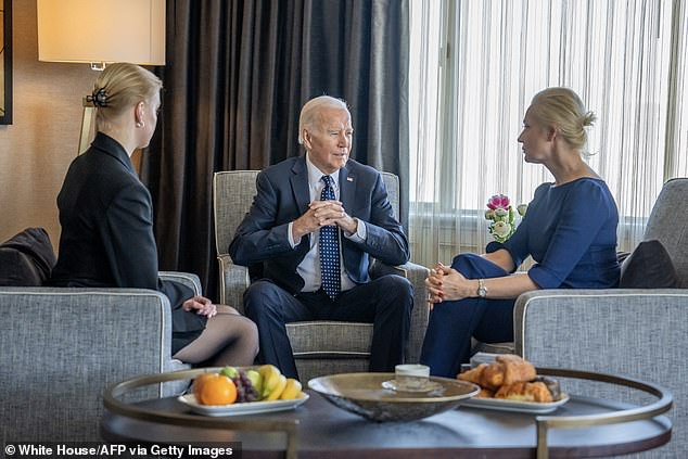 President Joe Biden (center) meets with Yulia Navalnaya (right), widow of Kremlin opposition leader Alexei Navalny, and daughter Dasha Navalnaya (left) in San Francisco