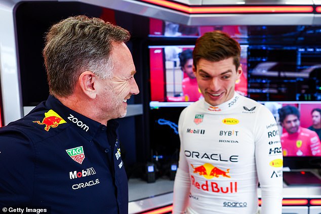 Horner was seen laughing with Max Verstappen in the garage on Thursday before training