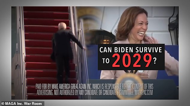 The ad features clips of Biden freezing and falling and ends with a clip of the president walking up the stairs as he boards Air Force One and Vice President Kamala Harris laughing