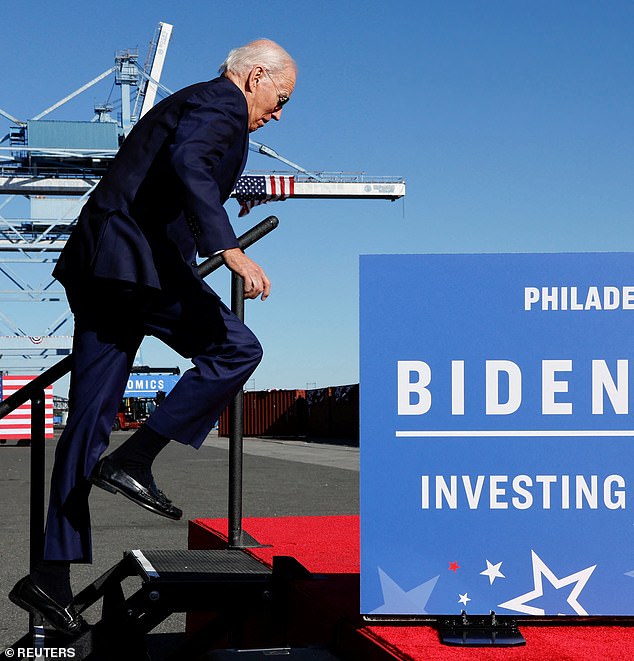 Pictured: Biden stumbles up the stairs to deliver remarks in Philadelphia, Pennsylvania on October 13, 2023