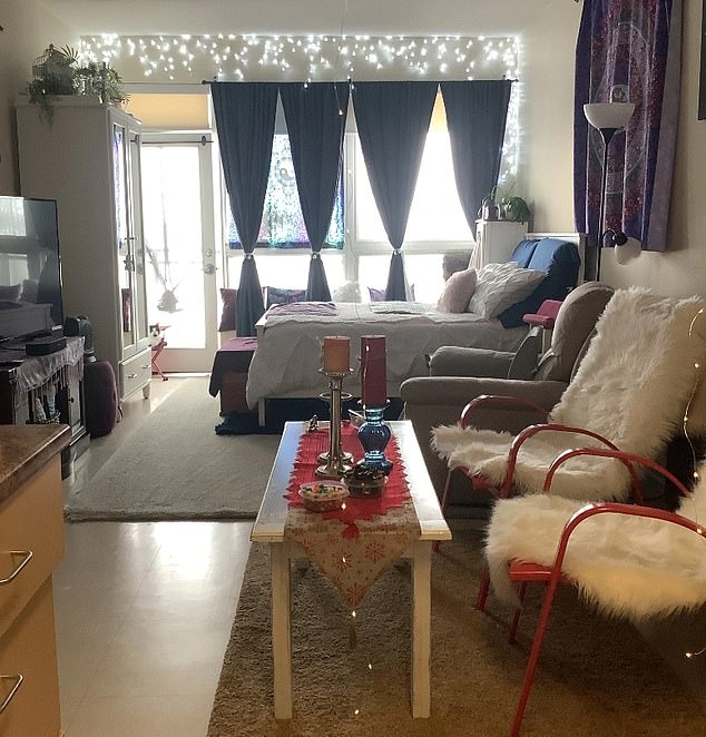 This image shows her social housing where she lives.  In this image it was decorated for Christmas.  She said she didn't decorate for the holidays this year