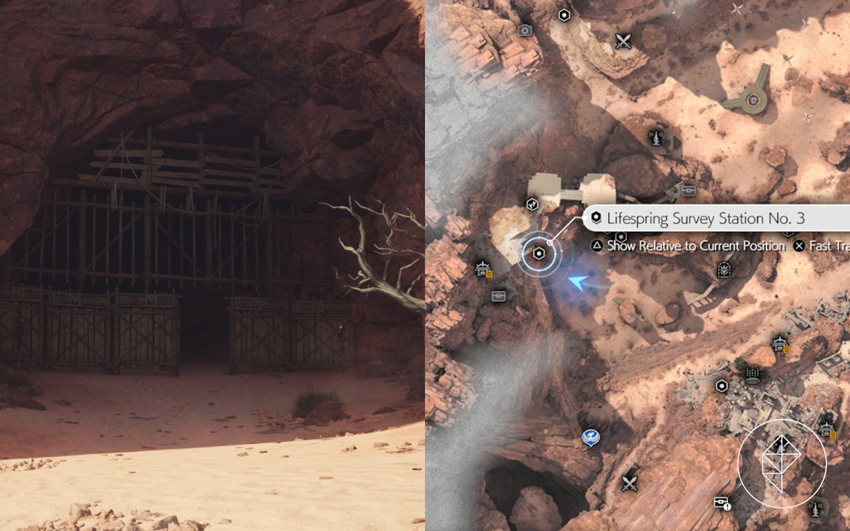 A map showing where to find Lifespring Survey Station 3 with a gate to it in FF7 Rebirth's Cosmo Canyon