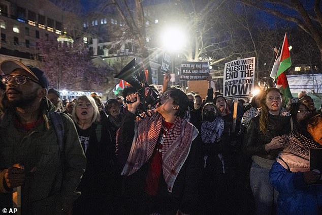 “When I say genocide, you say Joe,” a protester with a horn started the call and response chant