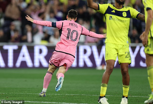 Lionel Messi drives away in celebration after scoring against Nashville SC on Thursday