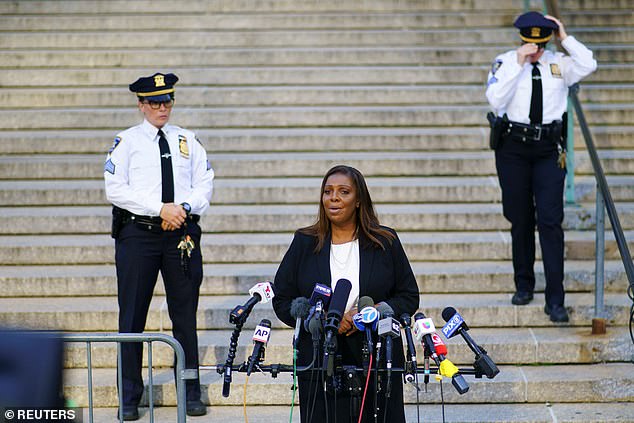 James speaks outside a Manhattan courthouse on the day the trial starts