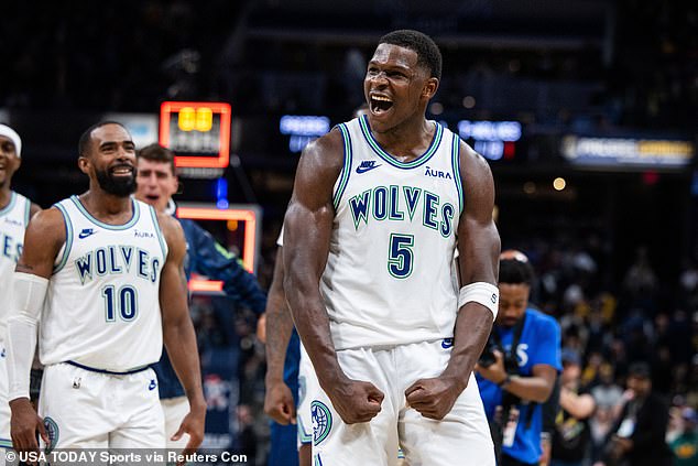 Minnesota Timberwolves guard Anthony Edwards (5) celebrates the victory over the Indiana Pacers