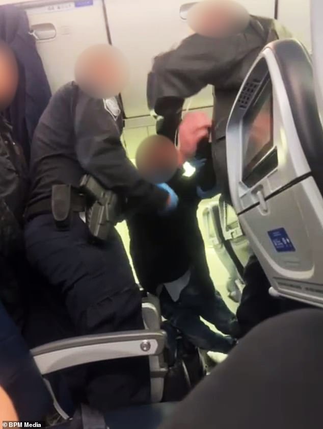 Border police arrest the drunk man on the plane