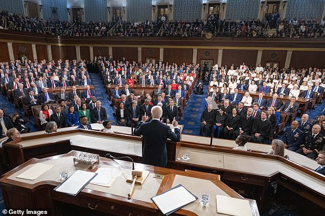 U.S. President Joe Biden delivers the annual State of the Union address before a joint session of Congress in the House chamber of the Capital Building on March 7, 2024 in Washington, DC