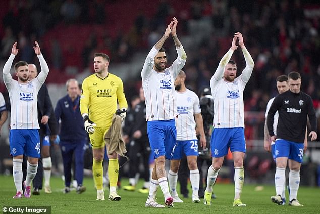 The Rangers players greet their traveling supporters after Thursday's 2-2 draw