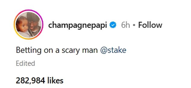 Posting his bet to his 146 million Instagram followers, the music icon simply said: 'Betting on a scary man'