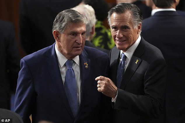 Romney was seen chatting with fellow retiring Senator Joe Manchin during the president's State of the Union address