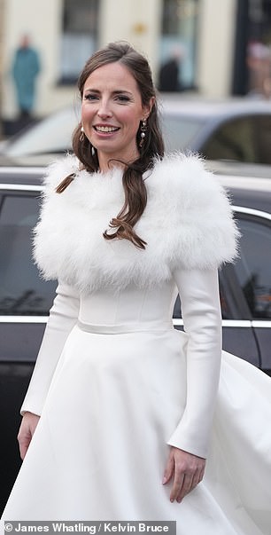 Mrs Farquhar stunned in a white dress and fur shoulder detail as she tied the knot with George Gemmell at St Mary the Virgin church in Gloucestershire