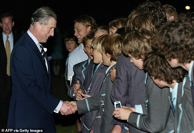 Prince Charles shakes hands with students at Geelong Grammar school in 2005. He spent time there as a 17-year-old student in 1966