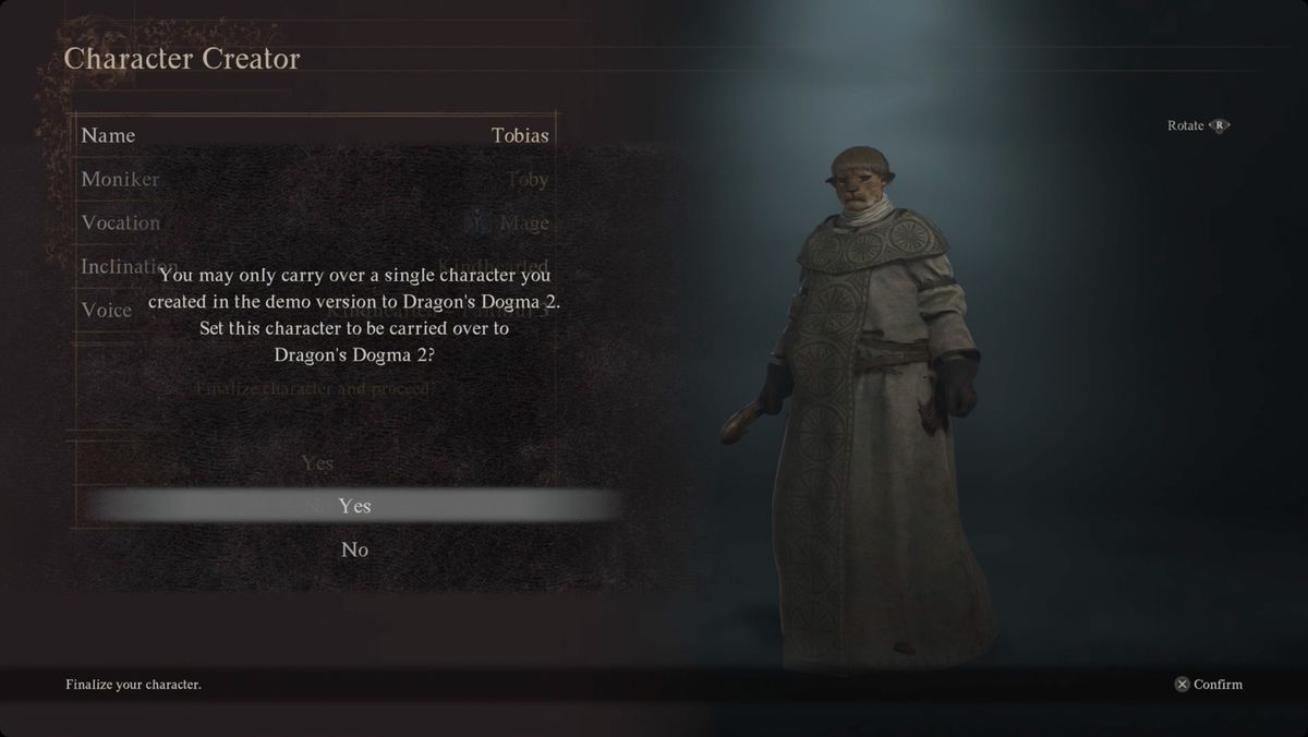 Dragon's Dogma 2 Character Creator Main pawn with a warning that you can only transfer one character