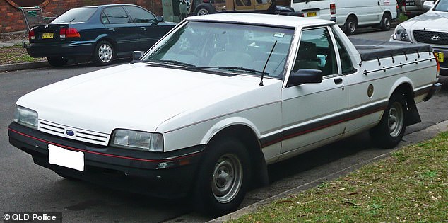 Mr Mietus moved from Melbourne to Queensland in a white 1985 Ford Falcon ute (pictured), picking up a hitchhiker along the way in western NSW