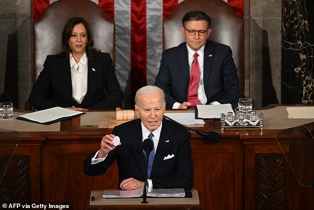 The moment came in a speech in which Biden criticized Republicans for blowing up a Senate compromise deal that would push resources to the border while sending billions to help Ukraine.