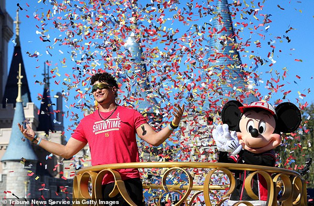 Mickey Mouse with Super Bowl MVP and Kansas City Chiefs quarterback Patrick Mahomes