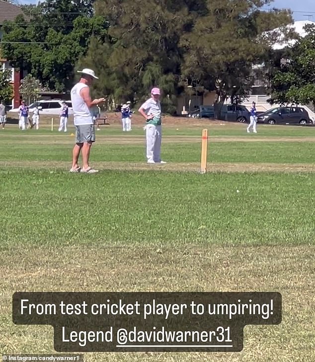 Candice took to her Instagram Stories on Saturday to share a series of videos featuring David umpiring their daughter's cricket match